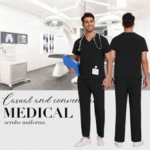 黑色V领短袖手术服套装，医生和护士的医疗制服