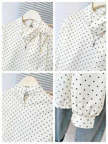 法式波点蝴蝶结长袖衬衫，时尚小众上衣，春季款 - 杏色 - 查看 10