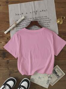休闲标语印花圆领短袖T恤，夏季粉色 - 粉色 - 查看 2