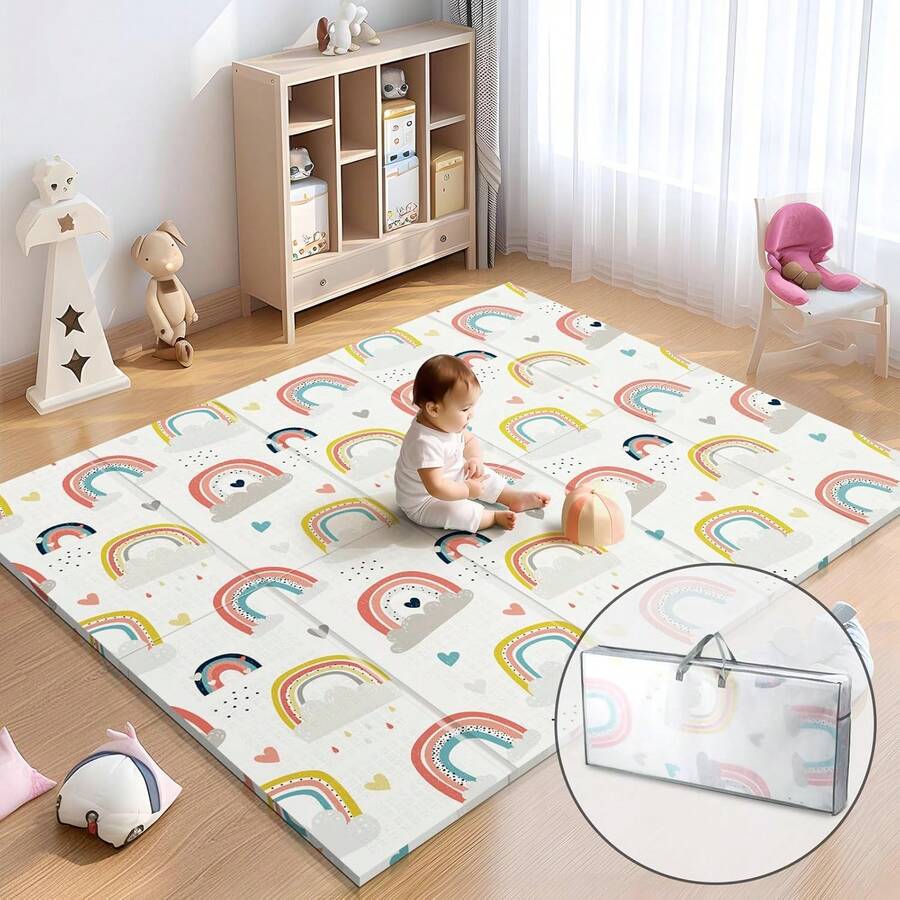 79x71 Foldable Baby Play Mat For Floor, Extra Large Tummy Time And Crawling Playmat, Thick Foam Play Mat For Baby, Reversible Portable Babies Floor Mats For Infant, Toddler - 彩虹 - 查看 1