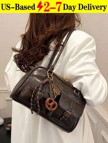 Women's Retro Solid Color Pu Leather Shoulder Bag With Multiple Pockets Large Capacity Comes With A Detachable Accessory Charm, Vintage Bag For Women - Cà phê nâu - Xem 2