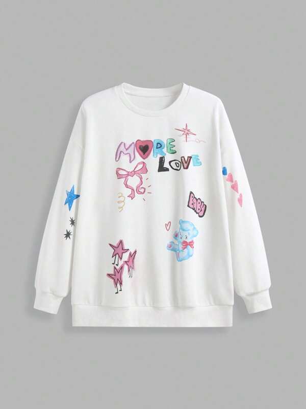 Blessings of Love Mehr Liebe Baumwollmischung Rundhals Stern, Herz, Schleife Grafik Sweatshirt in Große Größen, Kurven & Große Größen, geeignet für den Herbst