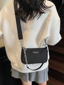 时尚休闲字母装饰涤纶材质拉链单肩包，简约便携斜挎包，适合女性购物、工作、外出和日常使用 - 黑色 - 查看 3