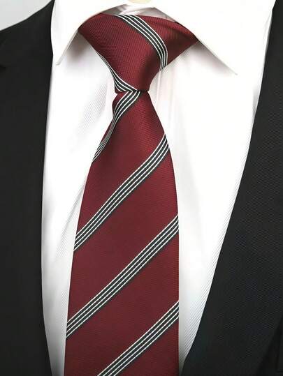 1pc Men's Burgundy Black & White Striped Polyester Retro Style College Student Uniform Groom Shirt With Handmade Decoration