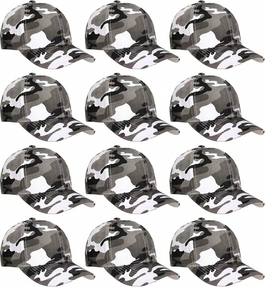 Bulk Lot 12-Pack Adjustable Size Plain Blank Solid Color Baseball Caps - Camouflage - Gray - View 1