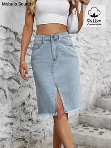 Middle East Spring/Summer Casual Vacation Y2K Campus Fashion Split Hem Denim Midi Skirt, Suitable For Young Women And Students - Blue - View 4