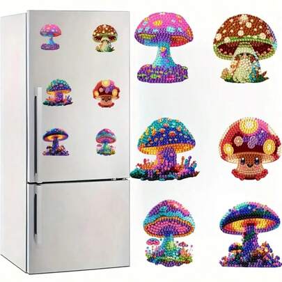 Set de 6 imanes de nevera de arte de diamantes con diseños de setas de colores DIY - Kit de manualidades de acrílico vibrante con diamantes asimétricos, ideal para decorar la nevera y el buzón, incluye imanes de nevera con diseños de dibujos animados