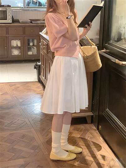 优雅大方返校休闲度假松紧腰纹理韩版蓝色竖条纹A字裙夏季女修身