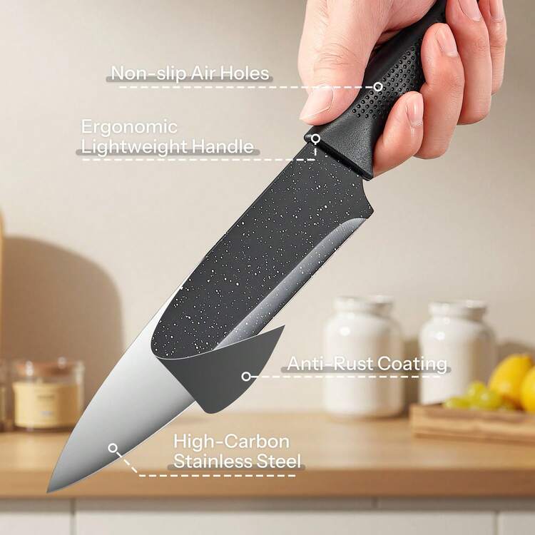 Knife Set, Yabano No Rust Kitchen Knives With PE Universal Knife Block 7 Pieces, High Grade Small Knife Block Set With Black Coating, Dishwasher Safe - Black and White - View 3