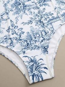 One Piece Bathing Suit For Women With Beach Cover Up Wrap Skirt Swimsuit  Retro Floral Print Bikini Set - Xanh và trắng - Xem 3