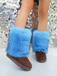 Damen Schneestiefel Y2K einfarbig 2025 Neu Herbst/Winter rutschfest Schlüpfen Flauschige Flauschige Stiefel, dick warm modisch einfach sexy schlank Plüsch Schuhe, elegante flauschige Patchwork Party Blau