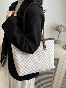 新款复古花卉印花女士托特包，大容量超轻铆钉装饰，适合通勤、购物、办公室、大学 - 白色 - 查看 3