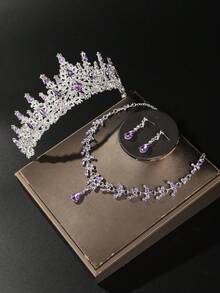 1 Set Bridal Accessories - Red Rhinestone Decor Crown, Necklace, Earrings (4pcs), Wedding Jewelry Set, Suitable For Wedding Dress, Gown, Gold Party, Wedding, Prom