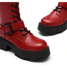 Women's Combat Riding Platform Knee High Boots, Lace Up Fall Lug Sole Gothic Motorcycle Boots With Inside Zipper, 2025 Style - Red - View 9