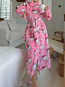 Sanrio 1pc Hello Kitty Plush Fluffy Robe For Women, Cute & Elegant, Warm & Comfortable, Suitable For Autumn/Winter, Fall, Cozy Outfits