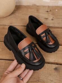 1 Pair Black And White Color Block Children's Shoes, Soft And Comfortable PU Material, Round Toe, Thick Sole, Height Increasing, Fashion British Style Casual Loafers, Suitable For Boys And Girls Students, Daily School, Vacation, Travel, Outdoor Wear, Autumn/Winter New Style - Brown - View 4