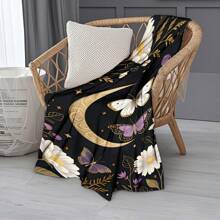 1PC Flannel Blanket With Butterfly, Moon And Flower Patterns, Machine Washable, Soft And Comfortable, Lightweight Wool Blanket, Comfortable Air Conditioning Blanket, Home Decoration, Suitable For All Seasons, Christmas And Halloween Friend Gifts, Suitable For Sofas, Beds, Cars, Offices, Camping, Travel