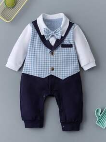 Baby Boy Plaid 2 In 1 Long Sleeve Gentleman Romper, Blue - Blue - View 1