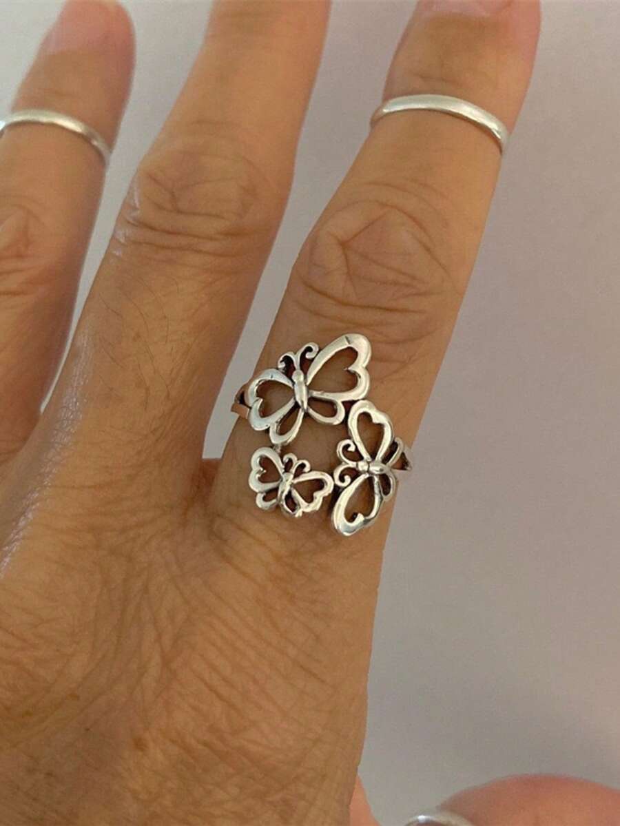 925 Silver Plated Vintage Style Triple Butterfly Ring, Antique Silver Tone Finish, Suitable For Women's Daily Jewelry For Back To School Season - Silver - View 1
