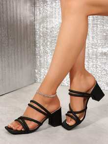 Women's Black Square Toe Slip-On Chunky Heel Sandals, Casual, Minimalist, Elegant, Versatile High Heel Sandals For Daily Wear - Black - View 3