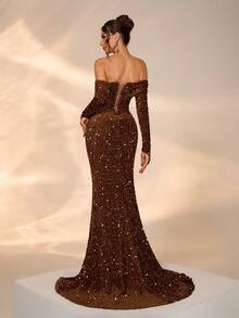 Elisanya Autumn/Winter Velvet Sequin Luxury Elegant Lady Banquet Gown, Removable Long Sleeve Trailing Dress, High Waist Party Dress Occasions - Coffee Brown - View 2