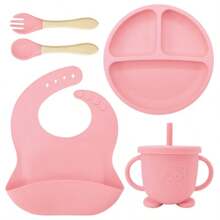 8pcs/6pcs/5pcs/4pcs Silicone Feeding Set, Including Suction Cup Bowls, Forks, Spoons, Bibs And Cups, Develop Self-Feeding Skills, Dishwasher Friendly, Suitable For 6 Months And Above