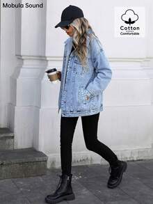 百搭休闲运动时尚女士夹克，春秋冬保暖内衬蓝色 Y2K 学生学院年轻风格牛仔布