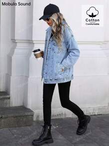 Versatile Casual Sports Fashionable Women's Jacket, Spring Autumn Winter Warm Lined Blue Y2K Student College Young Style Denim