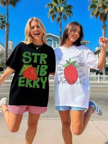 Cartoon strawberry pattern and alphabet slogan print describing strawberries,Casual Round Neck Short Sleeve T-Shirt,Oversize Loose Comfortable Cotton Blend Suitable For Summer Getaway,Unisex Solid Color Multi piece Tees Set .For Women Andfit，couples out out， - 白色+黑色 - 查看 3