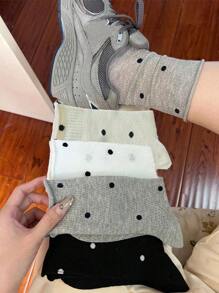 4 双女士薄款中筒袜，简约百搭，透气网眼，波点袖口，休闲学院风，夏季