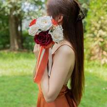 Dusty Blue Wedding Bouquets For Bride Bridesmaid, White Wedding Artificial Roses Flowers For Wedding Bouquets Ceremony, Anniversary - Burnt Orange & Burgundy & Cream - View 5