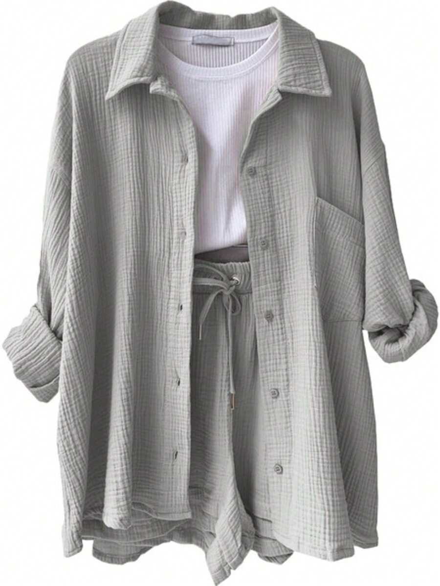 Plain    Casual    Button Front  Button    Home - 灰色 - 查看 1