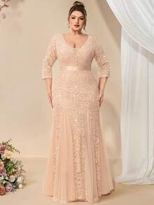 大码深V领亮片花卉蕾丝网纱美人鱼长裙，适合婚礼宾客、生日、家庭聚会、节日、毕业典礼等场合，尽显春季优雅气质。 - 香檳色 - 查看 5