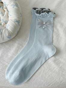 1双夏季薄款甜美珍珠纯色蝴蝶结袖口女士袜子 - 彩色 - 查看 11