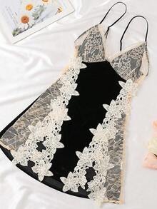 Sexy Lingerie Elastic Velvet And Lace Sexy Sling Mini Dress 1pc, Rave - 黑色 - 查看 7