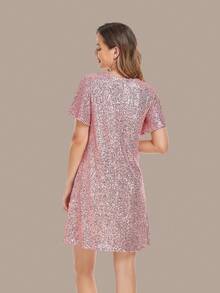 Đầm suông dáng rộng cổ chữ V đính sequin dành cho nữ, kiểu dáng thời trang đa năng phù hợp cho tiệc tùng, lễ tốt nghiệp, dạ hội. - Bụi hồng - Xem 2