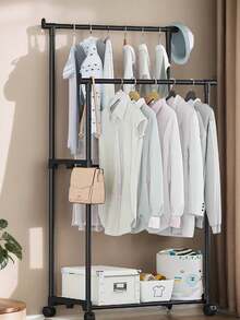 1pc Thickened Double Rod Wheeled Drying Rack, Multi-Layer Storage Clothes Hanger Rack, Bedroom Standing Clothes Pants Shoes Hat Integrated Rack, Lightweight Luxury Hanging Clothes Rack, Indoor Home Use Clothes Hanger Rack, Clothing Store Bedroom Hanging Clothes Rack, Commercial Clothes Rack, Drying Rack - Black - View 1