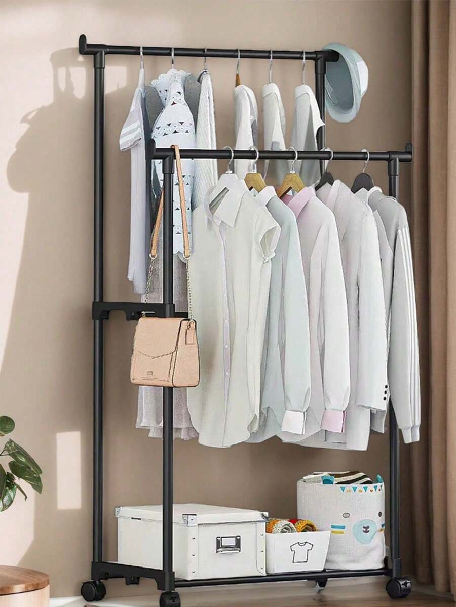 1pc Thickened Double Rod Wheeled Drying Rack, Multi-Layer Storage Clothes Hanger Rack, Bedroom Standing Clothes Pants Shoes Hat Integrated Rack, Lightweight Luxury Hanging Clothes Rack, Indoor Home Use Clothes Hanger Rack, Clothing Store Bedroom Hanging Clothes Rack, Commercial Clothes Rack, Drying Rack - Black - View 1