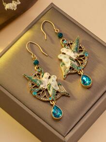 1 Pair Gold-Tone Rhinestone Studded Bird Shaped Earrings, Enamel Coated Vintage Bird Pattern Gemstone Earrings, Luxury Gold-Tone Crystal Bird Earrings - Multicolor - View 6