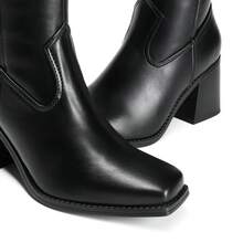 Women's Square Toe Knee High Boots Chunky Heel Side Zipper  Classic Solid Color Fashionable Y2K Party Tall Boots - 黑色 - 查看 8