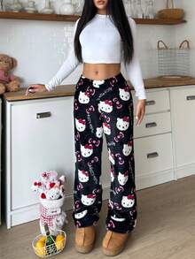 SANRIO 1 chiếc quần dài nữ bằng vải nhung mềm mại, ấm áp, dễ thương và thoải mái cho mùa thu/đông. - màu đen - Xem 6