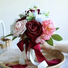 Dusty Blue Wedding Bouquets For Bride Bridesmaid, White Wedding Artificial Roses Flowers For Wedding Bouquets Ceremony, Anniversary - Burgundy & Blush - View 1