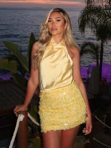 SHIBASHAN Chân váy mini đính sequin gợi cảm, chân váy ôm sát eo cao màu vàng thời trang nữ dự tiệc mùa xuân - Màu vàng - Xem 5