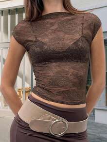 Women's Sheer Lace Tops Cap Sleeve Scoop Neck Solid Color T-Shirts Blouses - màu nâu - Xem 3