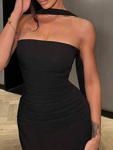 Women Elegant Strapless Bodycon Maxi Dress Sleeveless Split Formal Evening Gown Cocktail Wedding Guest Party Dress With Scarf - 黑色 - 查看 5