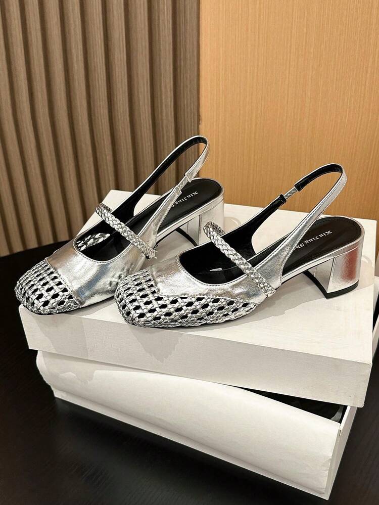 Xin Jing Shoes 女士编织圆头带粗跟穆勒鞋，休闲及办公场合皆宜，优雅玛丽珍鞋款，派对必备 - 銀色 - 查看 11
