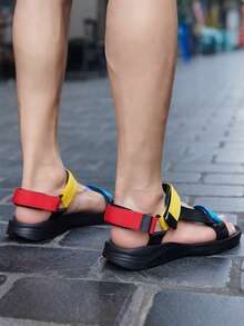 Men's Casual Fabric Sandals, Anti-Skid Hook & Loop Fastener Summer Beach Sandals For Outdoor Walking