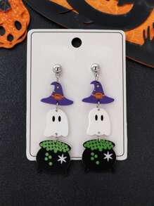 1 对女士万圣节帽子和鬼魂印花粘土吊坠耳环，适合派对（随机卡片）