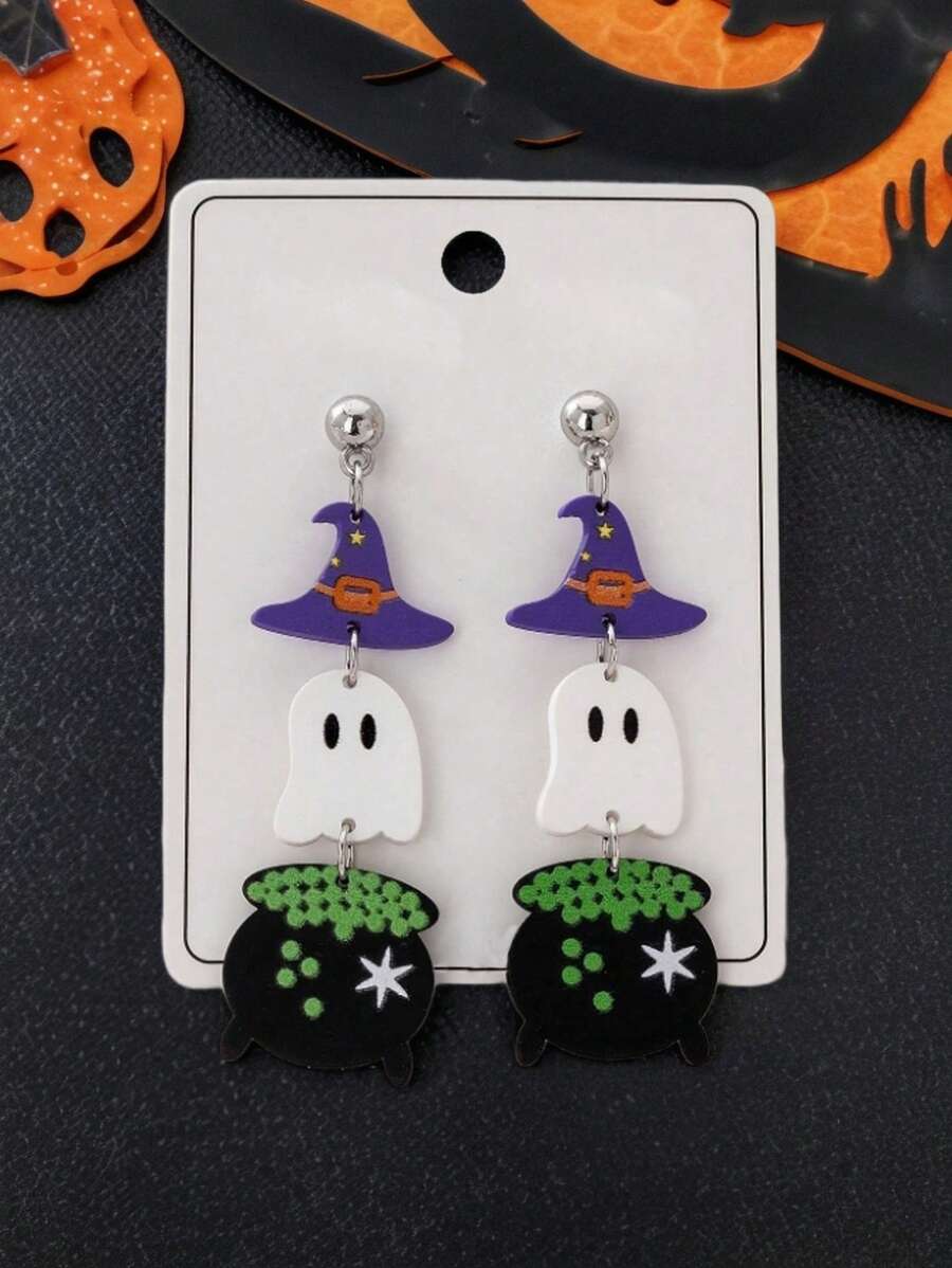 1 对女士万圣节帽子和鬼魂印花粘土吊坠耳环，适合派对（随机卡片）