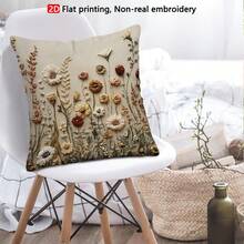 TOPSSCTR 1pc 2D Flat Printing Vintage Wildflower Non-Embossed Pillow Cover, 45x45 Cm, Machine Washable, Zipper Closure, Polyester, Woven Decorative Cushion Case For Living Room, Bedroom, Office - Beige - View 8
